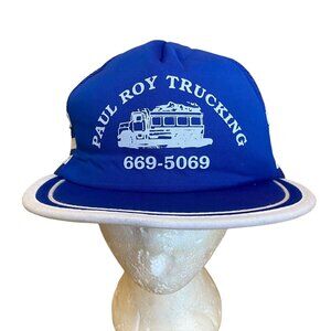 Vtg three Stripe Trucker Hat Snapback Dead Stock Paul Roy Trucking Blue White